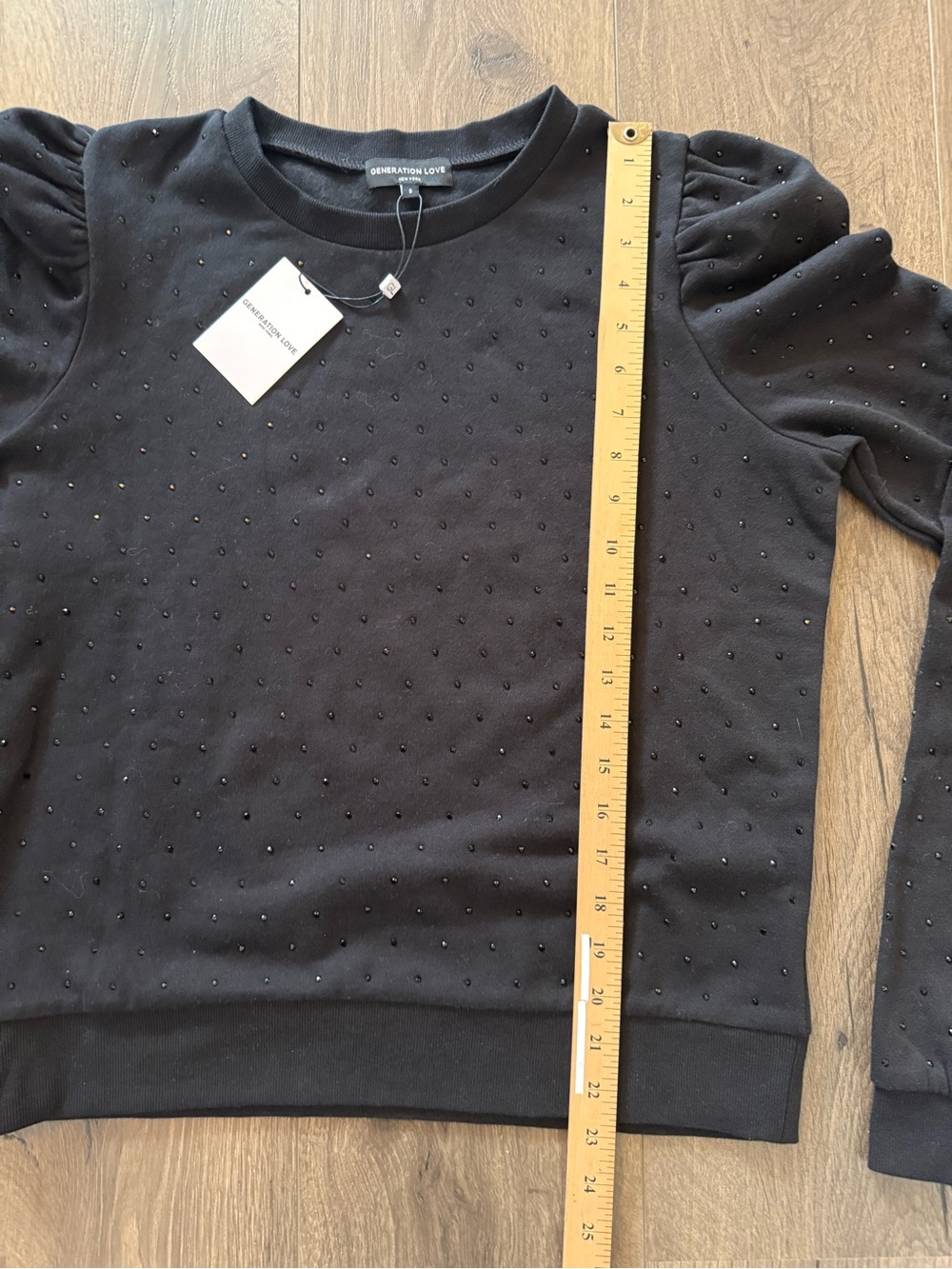 Generation Love Tara Crystal Embellished Puff Shoulder Sweatshirt Black S NWT - Picture 8 of 8